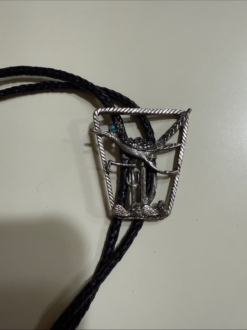 Southwestern Silver-tone Bird & Cactus Bolo Tie with Turquoise Accent